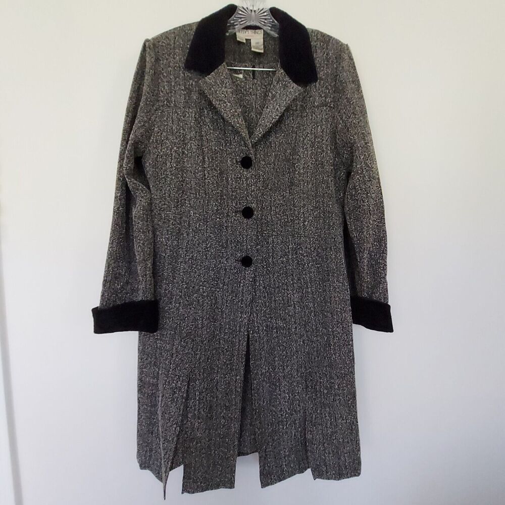 Vintage Over Coat Long Jacket 14P Trench Tweed Slub Gray Black Fur Trim Winter